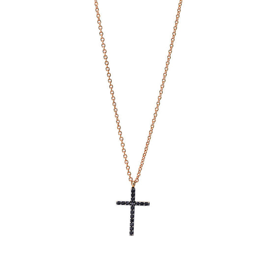 Necklace 18 kt RG cross, setting partly black rhodium-plated