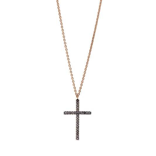 Necklace 18 kt RG cross, setting partly black rhodium-plated