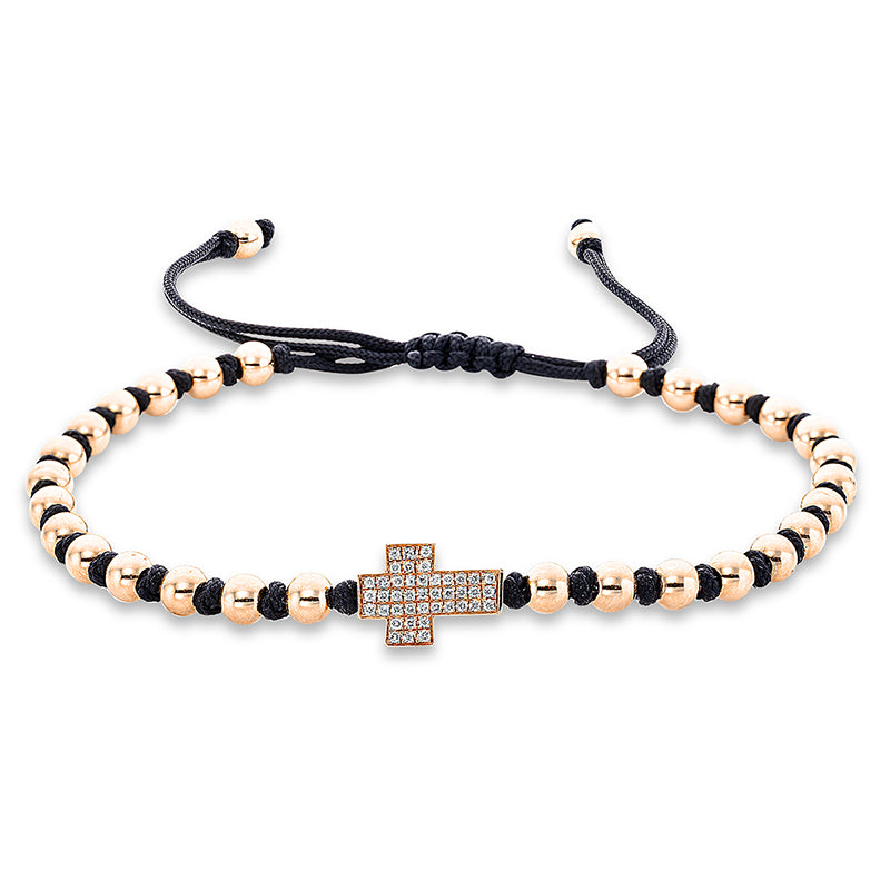 Bracelet 18 kt rose gold cross, black cord strap, gold ball